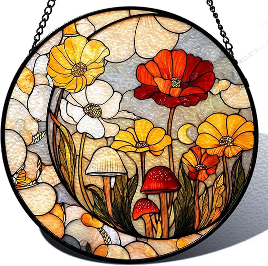 Stained Glass Sun Catcher Window Hanging - Mushroom Flower Plant Design, Well Made Indoor Home Decor for Mother's Day, Birthday, Christmas - Ideal for Women, Mom (Yellow) 7.8in
