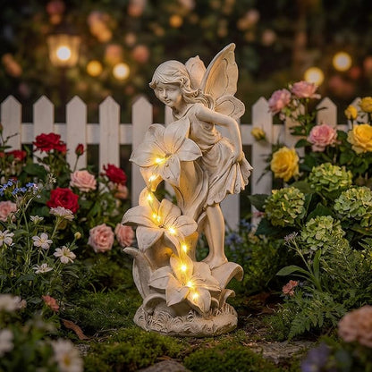 Angel Garden Statue Outdoor, Solar Powered Resin Garden Sculptures Fairy Angel Statues Waterproof LED Lights Yard Art Decorations for Outside Patio Lawn Ornament Gardening Gifts