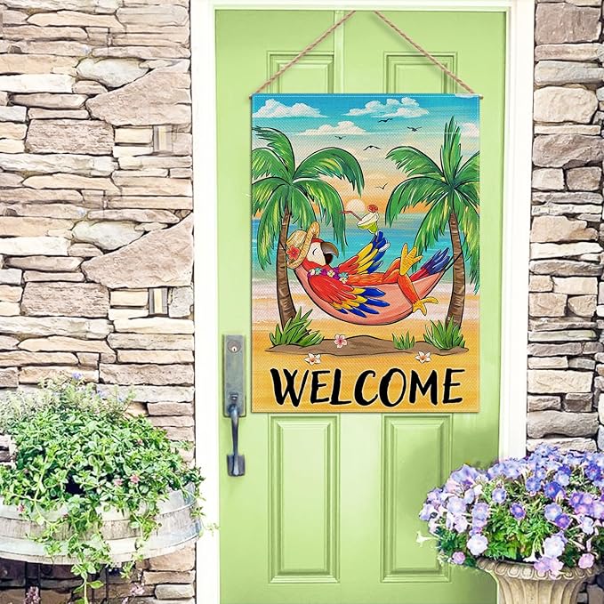 Welcome Summer Parrot Bird Decorative House Flag, Beach Coastal Tropical Palm Tree Garden Yard Outside Decorations, Hawaii Sunset Nautical Seasonal Outdoor Large Home Decor Double Sided 28 x 40