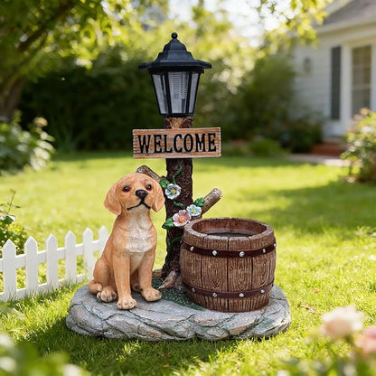 20" Solar Golden Retriever Garden Statue with Welcome Sign & Planter - Large Dog Sculpture with LED Street Lantern - Weatherproof Resin Decorative Flower Pot for Porch, Yard & Patio - Pet Lover Gift