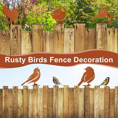 5PCS Metal Birds Fence Decoration, Outdoor Rusty Birds Garden Sculptures and Yard Art, Craft Statue Ornaments Rustic Farmhouse Garden Decor (Style 2)