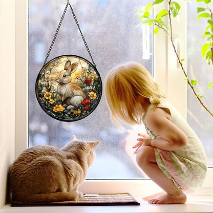 DASTOLL Stained Glass Window Hanging - Rabbit Flowers Suncatcher Ready to Hang Window Doors Home Decoration, Easter, Mother's Day Birthday Gifts for Women, Men, and Mom 7.8x7.8 in