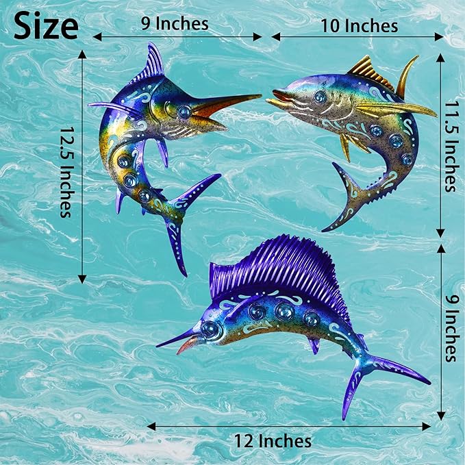 Metal Fish Wall Art Decor, 3-Piece Marlin Tuna Swordfish Set, Blue and Gold Tropical Ocean Theme Outdoor Wall Mother's Day Decor for Patio Garden Yard, Decorative Hanging Sculptures Mother's Day Decoration Gift