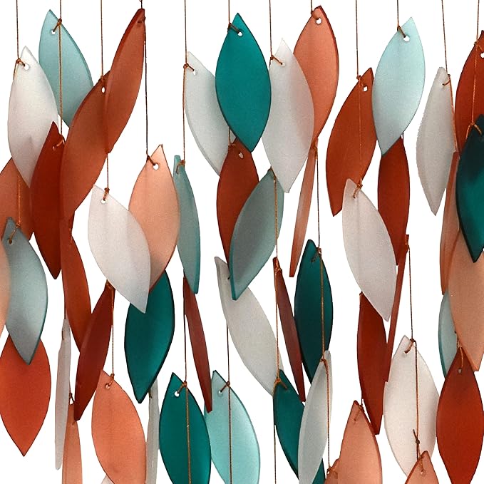 Blue Handworks Deluxe Coral & Teal Waterfall & Driftwood Chime, Sandblasted Glass and Found Wood Handcrafted Wind Chime