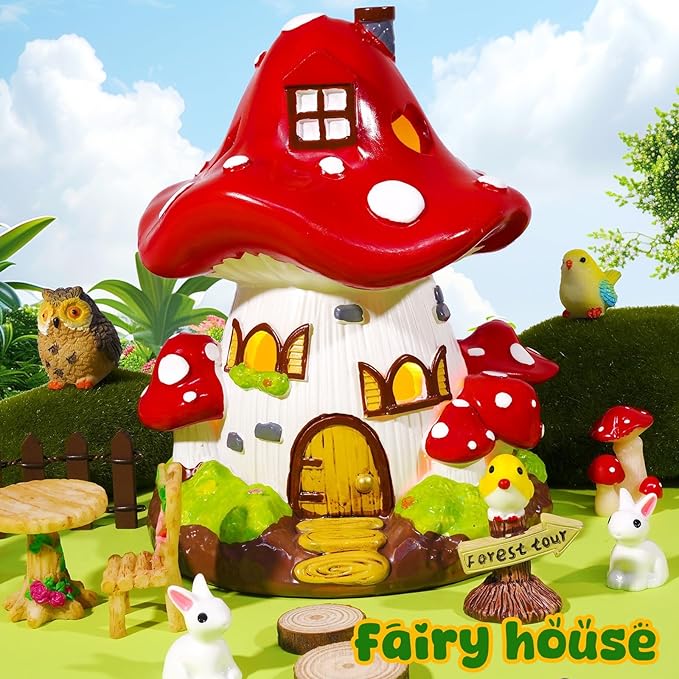 Exasinine Mushroom House Statue Fairy Garden House Figurines Mushroom Garden Statue Decor for Indoor Outdoor Decoration Art Decorations Patio Yard Lawn Ornaments Gift