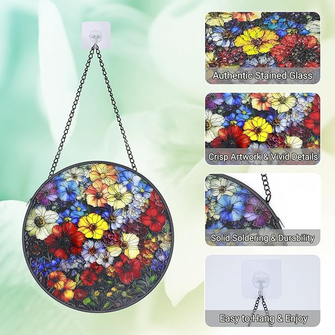 Stained Glass Window Hanging - 6.3 Inch Colorful Wildflowers Plant Gifts for Women, Flower Suncatcher for Window Home Door Wall Garden Outdoor Decor for Adults Men Mom Wife