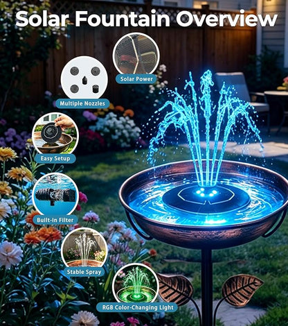 6.3" D Solar Fountain with Battery Backup, 9V/2W Solar Fountain Pump with LED Lights, 5 Nozzles Bird Bath Fountain, Floating Solar Water Fountain for Garden, Pond, Patio