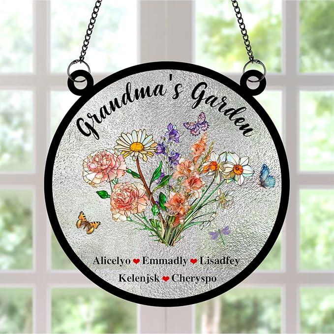 Personalized Grandmas Garden Stained Glass Suncatchers, Custom Name Birth Month Flowers Window Hanging Ornament, Mothers Day Christmas Birthday Gifts for Grandma Mom Nana Mimi (Round 2)