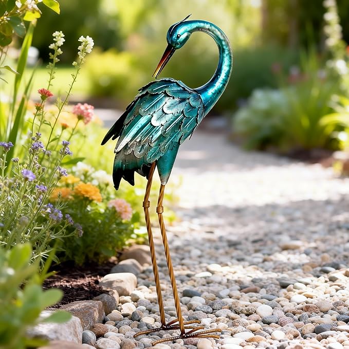 chisheen Crane Garden Statues, Metal Garden Crane Outdoor, Blue Heron Sculpture Metal Yard Art, Large Heron Decoy, Bird Statues, Lawn Ornaments for Backyard Pond Patio Porch Outside Decorations