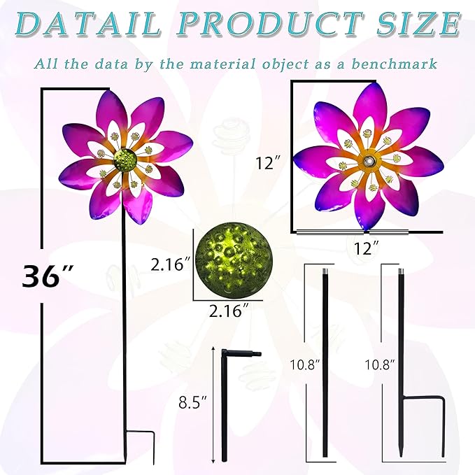 COOZZYHOUR Outdoor Metal Flower Wind Spinners,36 Inch Purple Flower Windmill with Stake,Pinwheels for Yard Lawn Patio and Garden Decor-Purple