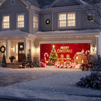 IVN Christmas Gingerbread Garage Door Banner 6x13 ft Holiday Backdrop with Cookies Tree Gifts Garage Door Covers Decorative Garage Door Cover Mural for Outdoor Decor