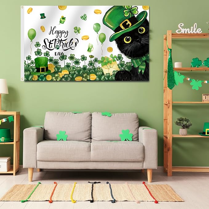 SENSEVEN St Patricks Day Black Cat Flags for Outside 3x5 Ft, Spring Shamrock Green Flag, Clover Spring Yard Flag Kitten Holiday Outdoor Banner for Farmhouse Decor, St Patrick's Day Party Supplies