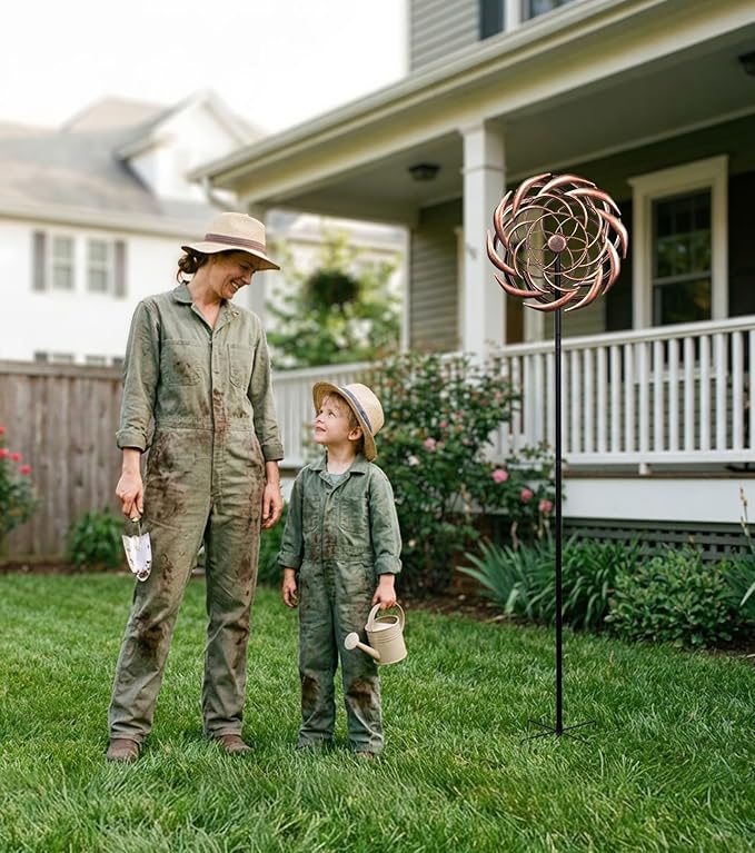 360° Copper Garden Wind Spinners Outdoor for Yard & Garden – W13xH63 Copper Metal Kinetic Sculpture Inspired by Bronze Sundial – Elegant Outdoor Decor