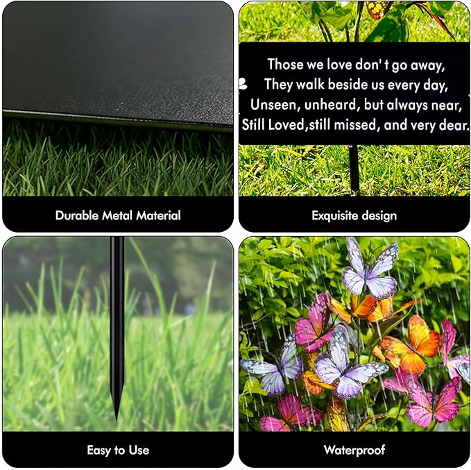 Solar Butterfly Memorial Stake for Graves - Metal Cemetery Garden Decor with LED Lights - Sympathy Remembrance Plaque to Honor Mother Father - Weatherproof Outdoor Bereavement Tribute(with Flowers)