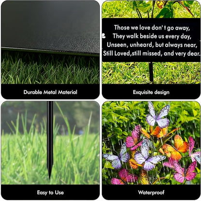 Solar Butterfly Memorial Stake for Graves - Metal Cemetery Garden Decor with LED Lights - Sympathy Remembrance Plaque to Honor Mother Father - Weatherproof Outdoor Bereavement Tribute(with Flowers)