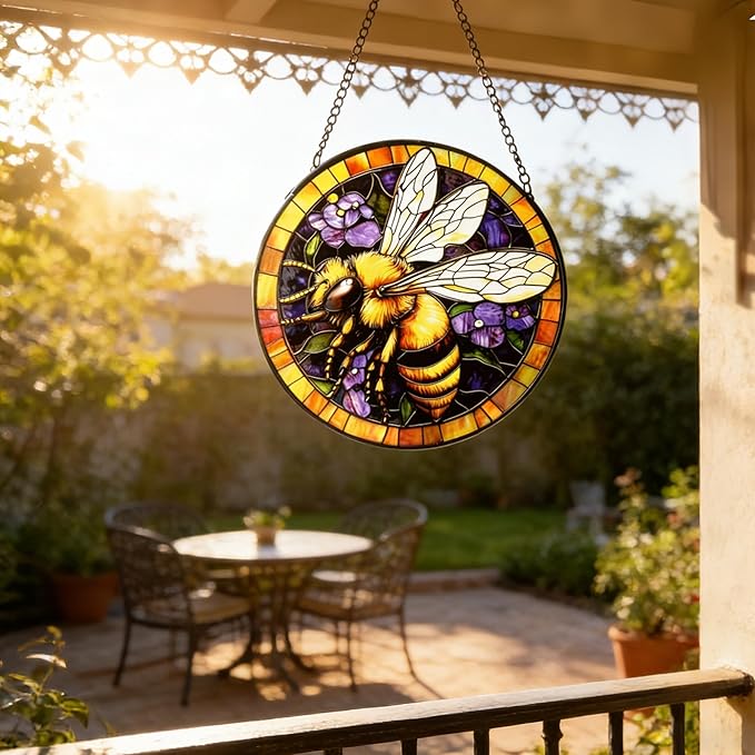 Handcrafted Bee Stained Glass Suncatcher - 7.8 Inch Window Hanging for Home, Kitchen, Porch, Terrace, Garden & Farmhouse - Perfect Mother's Day, Easter & Birthday Gift for Mom & Teachers