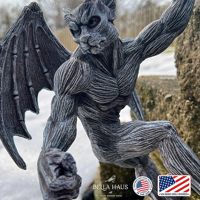 Dragon Winged Gargoyle Fence Hanger – Outdoor Wall Decor- Detailed Fence Topper Hanging Statue- Gothic Climbing Grotesque Dragon for Fence, Garden Patio, Porch (10" Gargoyle)