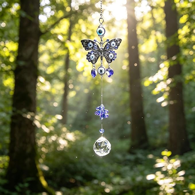 Turkish Blue Evil Eye Butterfly Wall Hanging with Crystal Suncatcher Ornament for Home Decor Protection Good Luck Blessing Housewarming Birthday Gift
