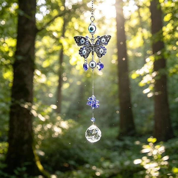 Turkish Blue Evil Eye Butterfly Wall Hanging with Crystal Suncatcher Ornament for Home Decor Protection Good Luck Blessing Housewarming Birthday Gift