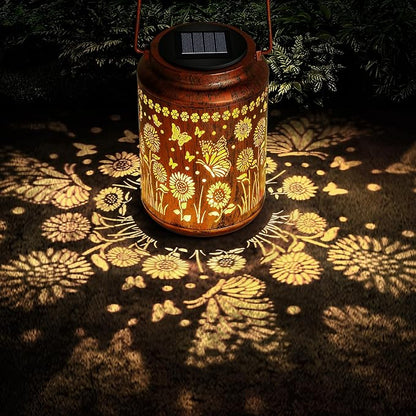 Sunflower Solar Lanterns Outdoor,Butterfly Gifts Metal Hanging Lights,Waterproof LED Solar Lights for Garden,Yard,Patio Pathway Lawn Decor,Birthday Gifts for Women,Mom-with S-Hook