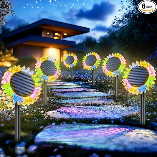 Solar Garden Lights - Upgraded Solar Sunflower Light, Ground/Wall 2 In 1, Outdoor Lights Waterproof IP67,Garden Yard Patio Backyard Pathway Landscape Fence Wall Decoration, Multicolor(6 Pack)
