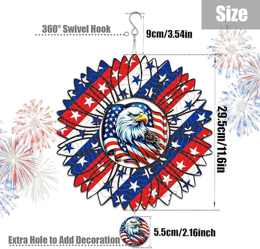 Sunflower American Flag Eagle Patriotic Wind Spinners Outdoor for Yard and Garden,12 Inch 3D Stainless Steel Metal Hanging Kinetic Wind Sculpture, Independence Day Decor Indoor Ar