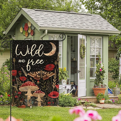AVOIN colorlife Wild and Free Garden Flag 12x18 Inch Double Sided Outside, Mushroom Moon and Moth Yard Outdoor Flag