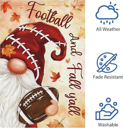 Heyfibro Football and Fall Y'all Gnome Garden Flag 12x18 Double Sided Burlap, Maple Leave Rugby Sports Events Yard Flags for Thanksgiving Rustic Seasonal Autumn Outdoor Decoration (ONLY FLAG)