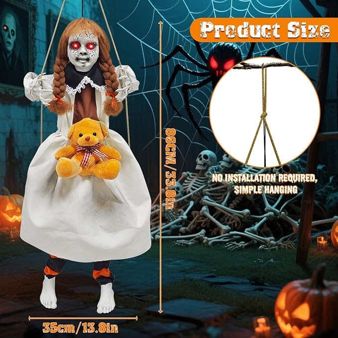 Outdoor Hanging Swinging Girl Halloween Decorations,Lighted Creepy Doll Halloween Dolls Scary Props for Garden Yard Lawn and Haunted House Decorations