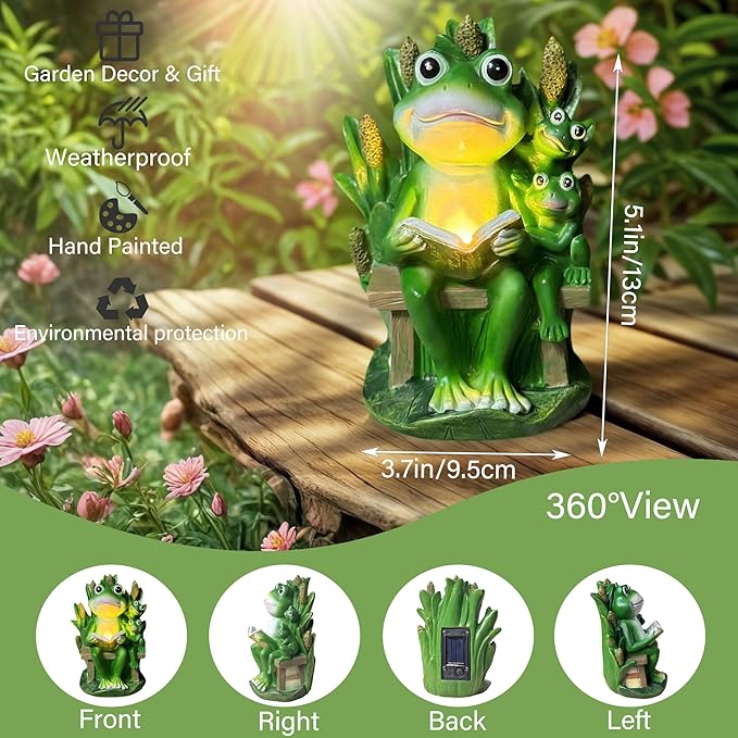 Solar Frog Garden Statue Light - Outdoor Waterproof Resin Frog Figurine with Auto Glow for Patio, Yard, Lawn Decor