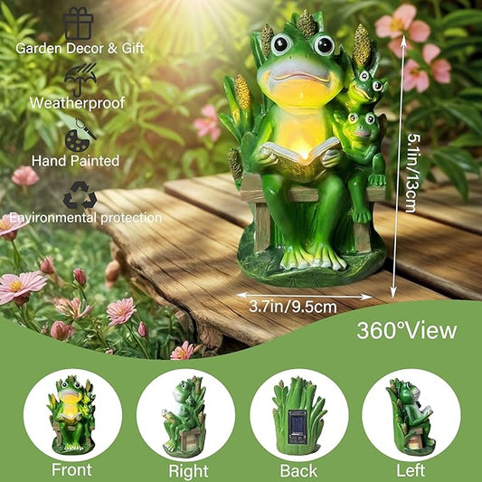 Solar Frog Garden Statue Light - Outdoor Waterproof Resin Frog Figurine with Auto Glow for Patio, Yard, Lawn Decor