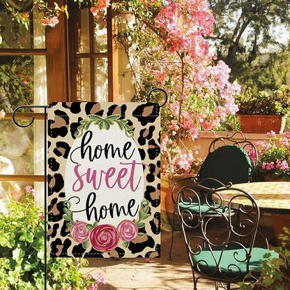 Dyrenson Home Sweet Home Leopard Print Decorative Garden Flag, Cheetah Rose Flower Yard Outside Home Decoration, Floral Burlap Outdoor Small Decor Double Sided 12 x 18