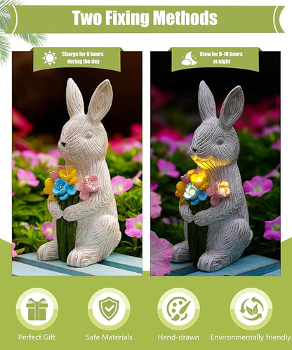 Rabbitcat Solar Garden Outdoor Bunny Statues: Outside Rabbit Decor with Succulent Lights for Balcony Lawn Art Porch Yard - Birthday Gifts for Mom Grandma Women