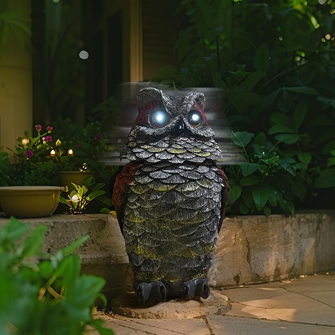 Owls to Keep Birds Away, Solar Owl Decoys to Scare Birds Away, Small Fake Owl for Bird Control, Resin Owls Outdoor Decor with Rotating Head and Lighted Eyes, Animal Deterrent for Outside, Garden