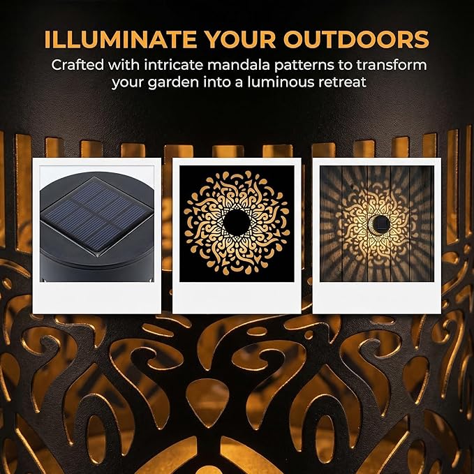 Decorative Solar Mandala Lights, Metal Outdoor Step Wall Lights, Waterproof Solar Powered Mandala Fence Lights for Garden Patio Yard Decor,Eco-Friendly & Easy Install (1)