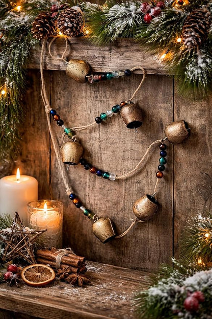 Vintage Rustic Metal Dome Bells Garland with Multicolor Glass Beads – Handcrafted Hanging Decor for Indoor Outdoor Garden, Patio, Farmhouse & Boho Style (8 Bells)