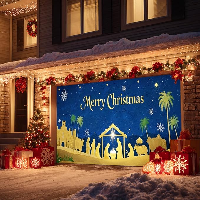 HOMETITUTE Christmas Garage Door Banner 13x6ft Gold Nativity Scene with Baby and Figures Blue Night Sky Green Palm Trees Gold Castle Holiday Outdoor Yard Decor Seasonal Party Backdrop
