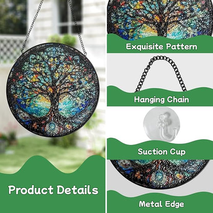 Stained Glass Window Hanging, Tree of Life Suncatcher Glass Panel Decor, Light Catcher Ornament Decoration for Outdoor Indoor Garden Porch Patio, Birthday Housewarmin Gift for Women Men Mom, 7.8 Inch