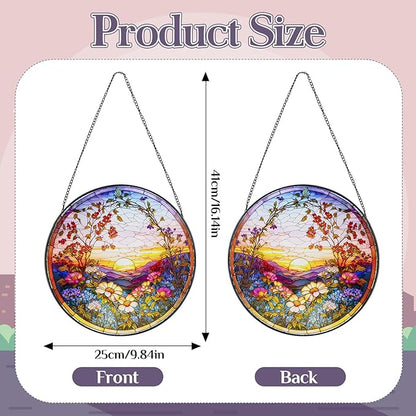 Stained Glass Window Hanging Sunset Suncatcher, Renyalora 10 Inch Round Real Glass Panel with Mountain Landscape and Wildflower Sun Catcher for Indoor Windows, Home, Garden, or Outdoor Wall Decor