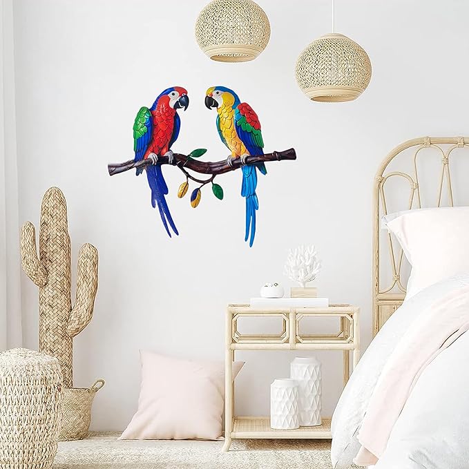 Limygus Tropical Metal Parrot Wall Art, Colorful Double Bird Garden Decor, Outdoor Hanging Decorations for Patio, Fence, Yard, Living Room, Balcony