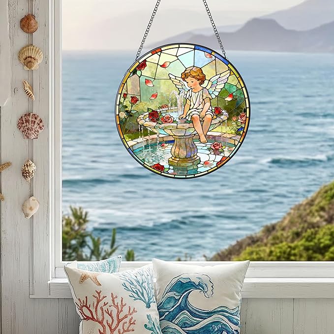 7.9 Inch Angel and Fountain Stained Glass Sun Catcher Christian Stained Glass Window Hanging Religious Sun Catcher Gifts for Mother Wall Room Decor Cottage Core Decor Decorations