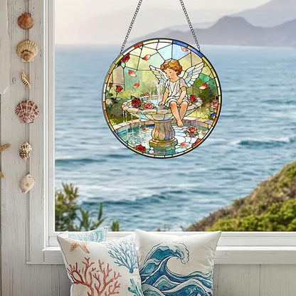 7.9 Inch Angel and Fountain Stained Glass Sun Catcher Christian Stained Glass Window Hanging Religious Sun Catcher Gifts for Mother Wall Room Decor Cottage Core Decor Decorations