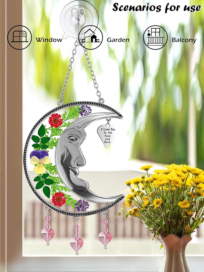 KY&BOSAM Moon Suncatcher Mom Gifts Stained Glass for Windows Hangings Wind Chime Decor with Pressed Real Flower and Metal I Love You to The Moon and Back Heart Charm for Home Christmas Trees Patio