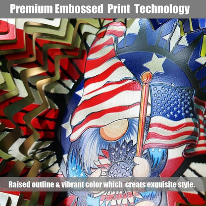 Sunflower American Flag Gnome Patriotic Wind Spinners Outdoor for Yard and Garden,12 Inch 3D Stainless Steel Metal Hanging Kinetic Wind Sculpture, Independence Day Decor Indoor Art