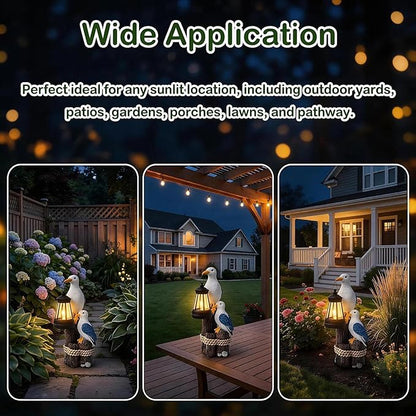 Seagull Solar Garden Outdoor Decor Statues with LED Lantern, Hand Painted Resin Animal Figurine Lights for Patio Lawn Yard Pathway, Unique Coastal Gifts for Women Mom Grandma