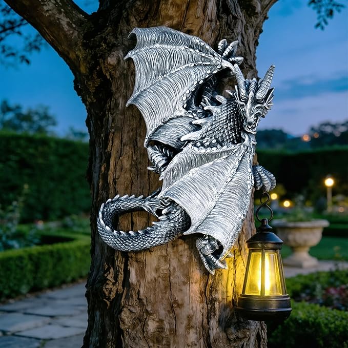 Dragon Tree Hugger Solar Garden Statue - 11 Inch Outdoor Yard, Patio, Porch Decor - Unique Birthday Housewarming Gift for Dad, Mom, Men, Women