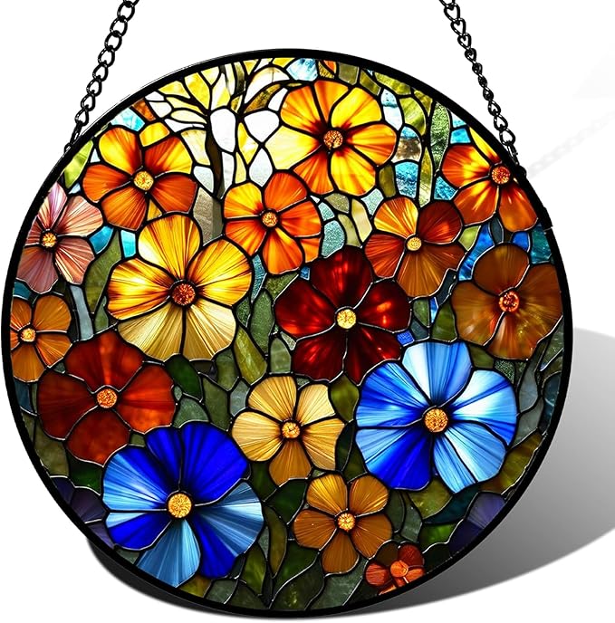 Stained Glass Window Hanging, Spring Colorful Flowers Suncatcher for Window Doors Garden Home Decoration, Floral Plant Glass Ornaments for Women,Men,Wife, Lovers, and Mom 7.8×7.8 in