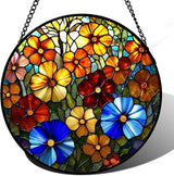Stained Glass Window Hanging, Spring Colorful Flowers Suncatcher for Window Doors Garden Home Decoration, Floral Plant Glass Ornaments for Women,Men,Wife, Lovers, and Mom 7.8×7.8 in