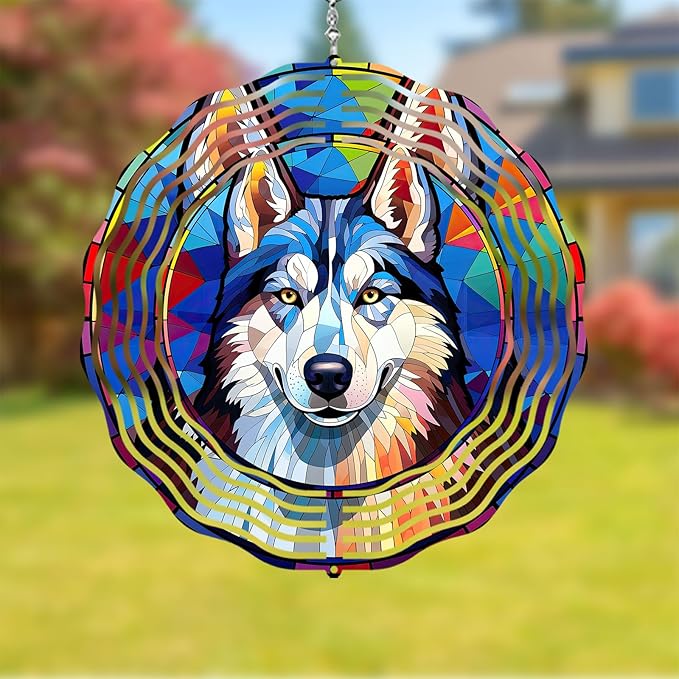 Husky Wind Spinner Pet Dog Memorial Gifts, Vibrant 3D Kinetic Metal Yard Art, Loss of Dogs Sympathy Gifts, Hanging Outdoor Garden Decor, 8" Decorative Wind Sculptures for Patio, Porch (Husky 5)