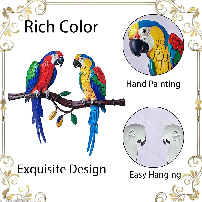 Limygus Tropical Metal Parrot Wall Art, Colorful Double Bird Garden Decor, Outdoor Hanging Decorations for Patio, Fence, Yard, Living Room, Balcony